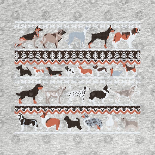 Fluffy and bright fair isle knitting doggie friends // brown orange white and grey dog breeds by SelmaCardoso